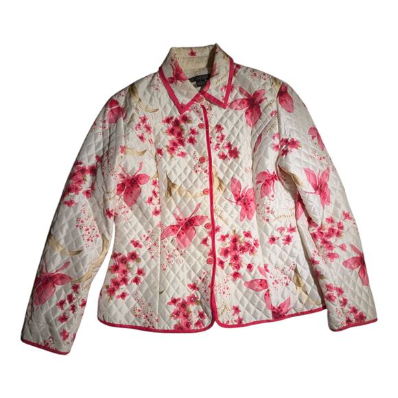 Vtg 1990s Anne Carson White Pink Quilted Floral 100% Silk Button Up Jacket Sz L - Picture 1 of 5